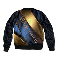 Angry Bowling Ball and Pins Bomber Jacket with Blue and Gold Metallic Stripe Graphic Design - Wonder Print Shop