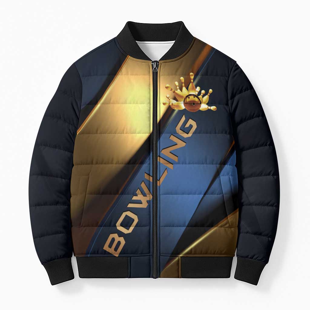 Angry Bowling Ball and Pins Bomber Puffer Jacket with Blue and Gold Metallic Stripe Graphic Design - Wonder Print Shop