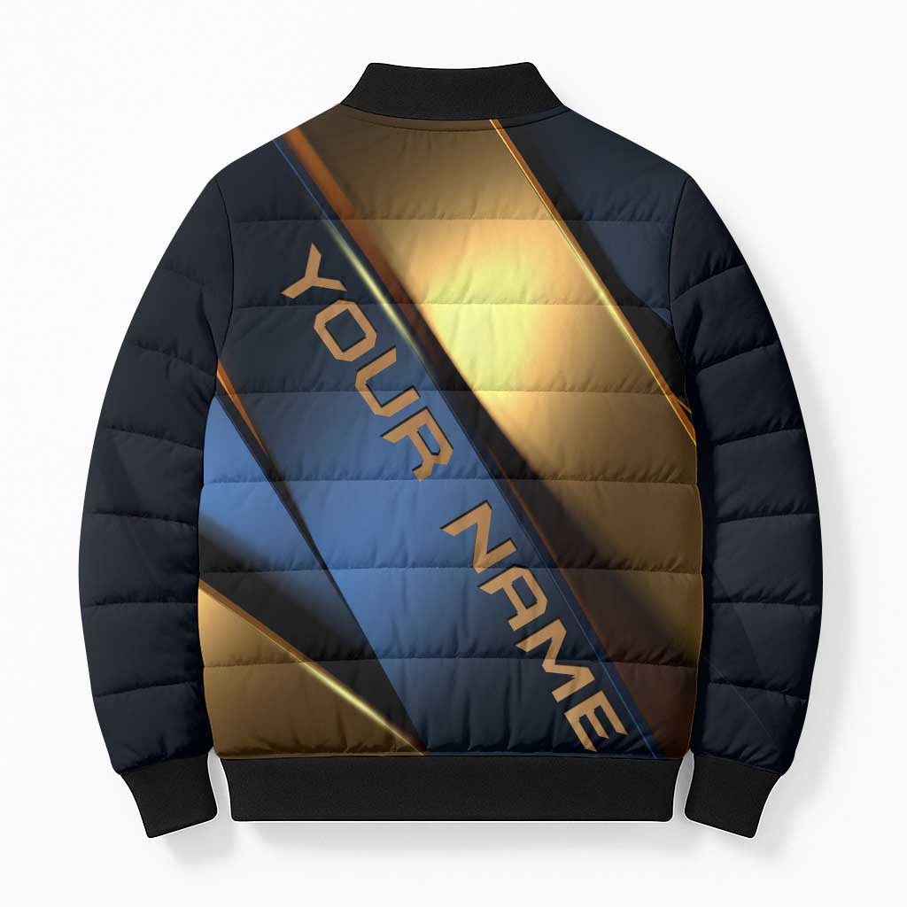 Angry Bowling Ball and Pins Bomber Puffer Jacket with Blue and Gold Metallic Stripe Graphic Design - Wonder Print Shop