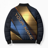 Angry Bowling Ball and Pins Bomber Puffer Jacket with Blue and Gold Metallic Stripe Graphic Design - Wonder Print Shop