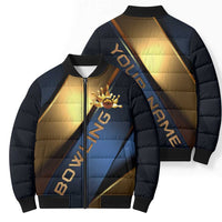 Angry Bowling Ball and Pins Bomber Puffer Jacket with Blue and Gold Metallic Stripe Graphic Design - Wonder Print Shop