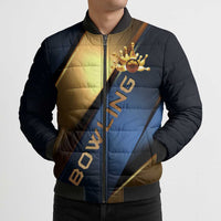 Angry Bowling Ball and Pins Bomber Puffer Jacket with Blue and Gold Metallic Stripe Graphic Design - Wonder Print Shop
