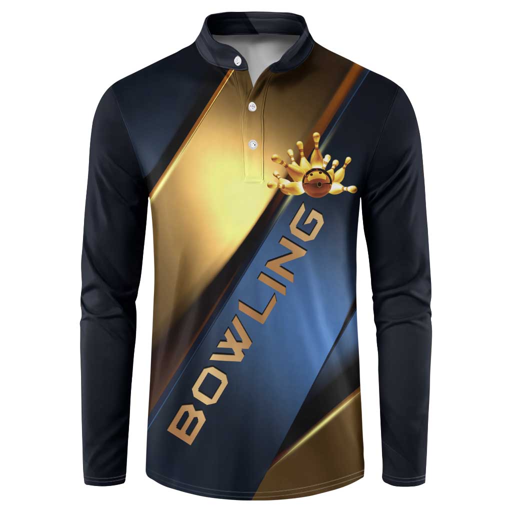 Angry Bowling Ball and Pins Button Sweatshirt with Blue and Gold Metallic Stripe Graphic Design - Wonder Print Shop