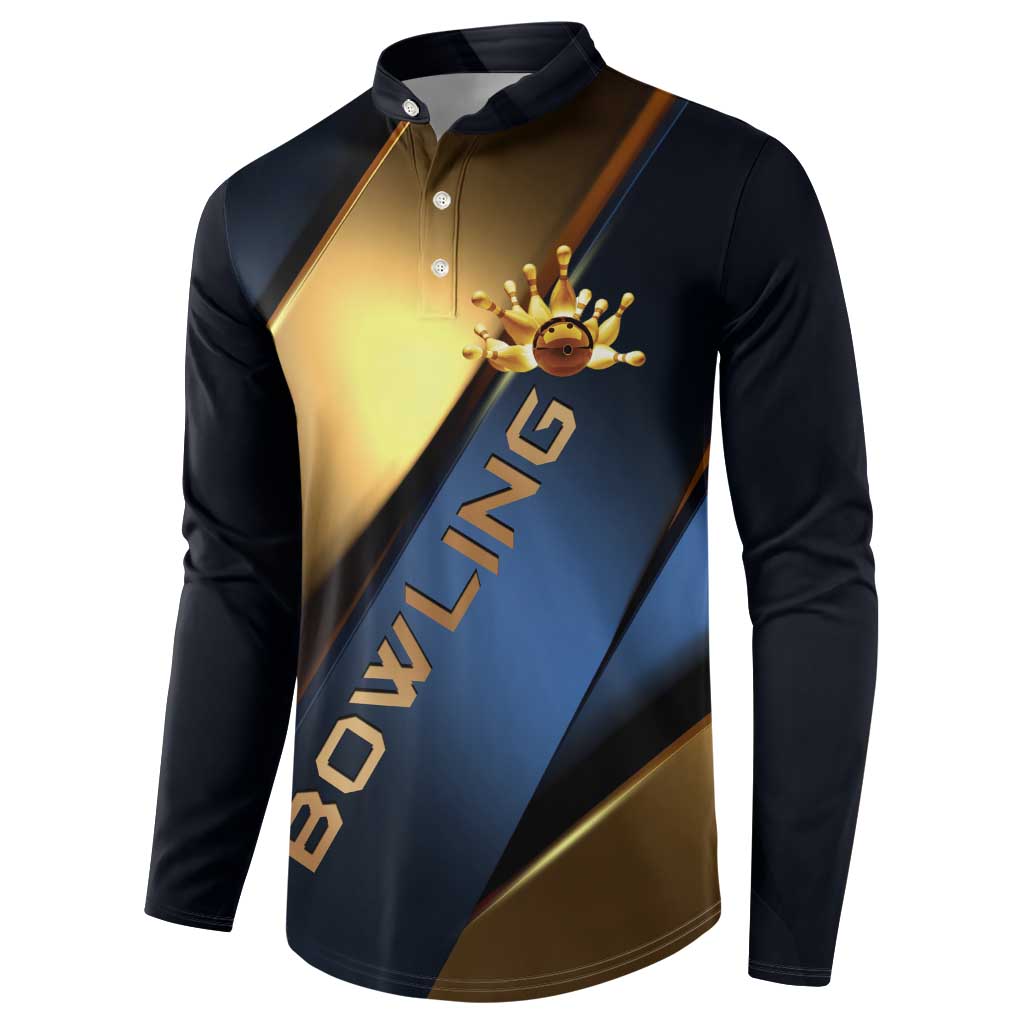Angry Bowling Ball and Pins Button Sweatshirt with Blue and Gold Metallic Stripe Graphic Design - Wonder Print Shop