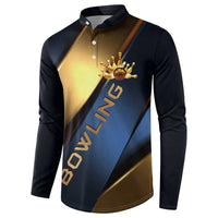 Angry Bowling Ball and Pins Button Sweatshirt with Blue and Gold Metallic Stripe Graphic Design - Wonder Print Shop