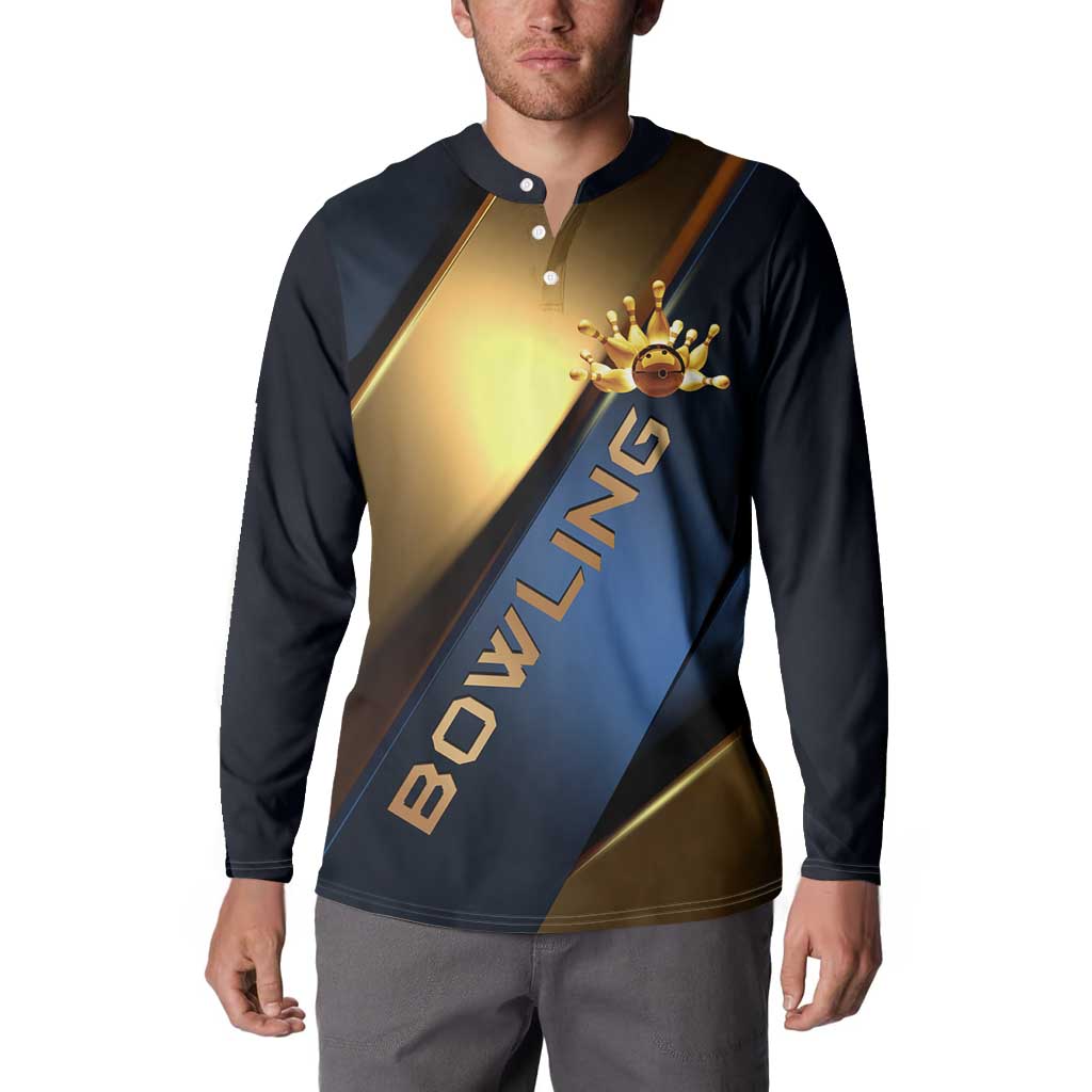 Angry Bowling Ball and Pins Button Sweatshirt with Blue and Gold Metallic Stripe Graphic Design - Wonder Print Shop