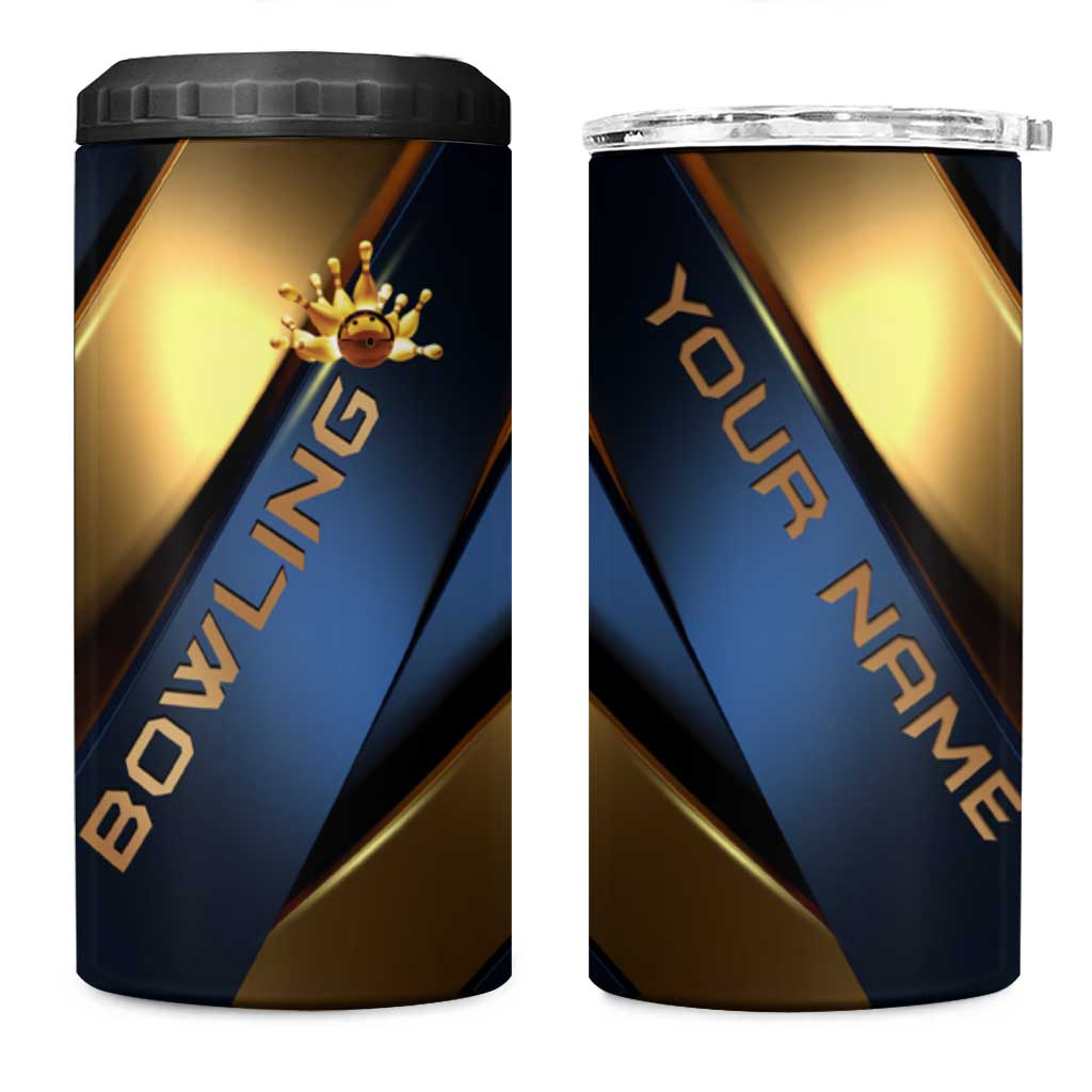 Angry Bowling Ball and Pins 4 in 1 Can Cooler Tumbler with Blue and Gold Metallic Stripe Graphic Design - Wonder Print Shop