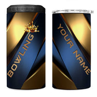 Angry Bowling Ball and Pins 4 in 1 Can Cooler Tumbler with Blue and Gold Metallic Stripe Graphic Design - Wonder Print Shop