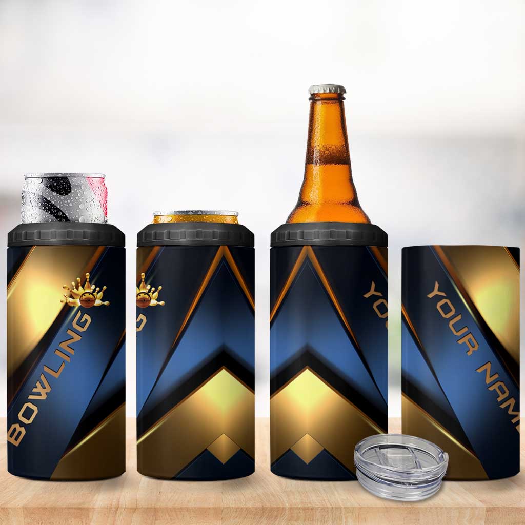 Angry Bowling Ball and Pins 4 in 1 Can Cooler Tumbler with Blue and Gold Metallic Stripe Graphic Design - Wonder Print Shop