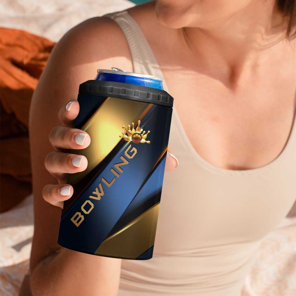 Angry Bowling Ball and Pins 4 in 1 Can Cooler Tumbler with Blue and Gold Metallic Stripe Graphic Design - Wonder Print Shop