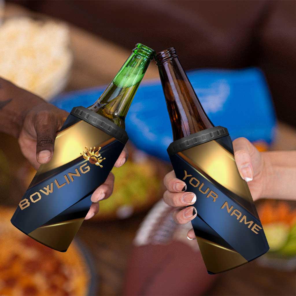 Angry Bowling Ball and Pins 4 in 1 Can Cooler Tumbler with Blue and Gold Metallic Stripe Graphic Design - Wonder Print Shop