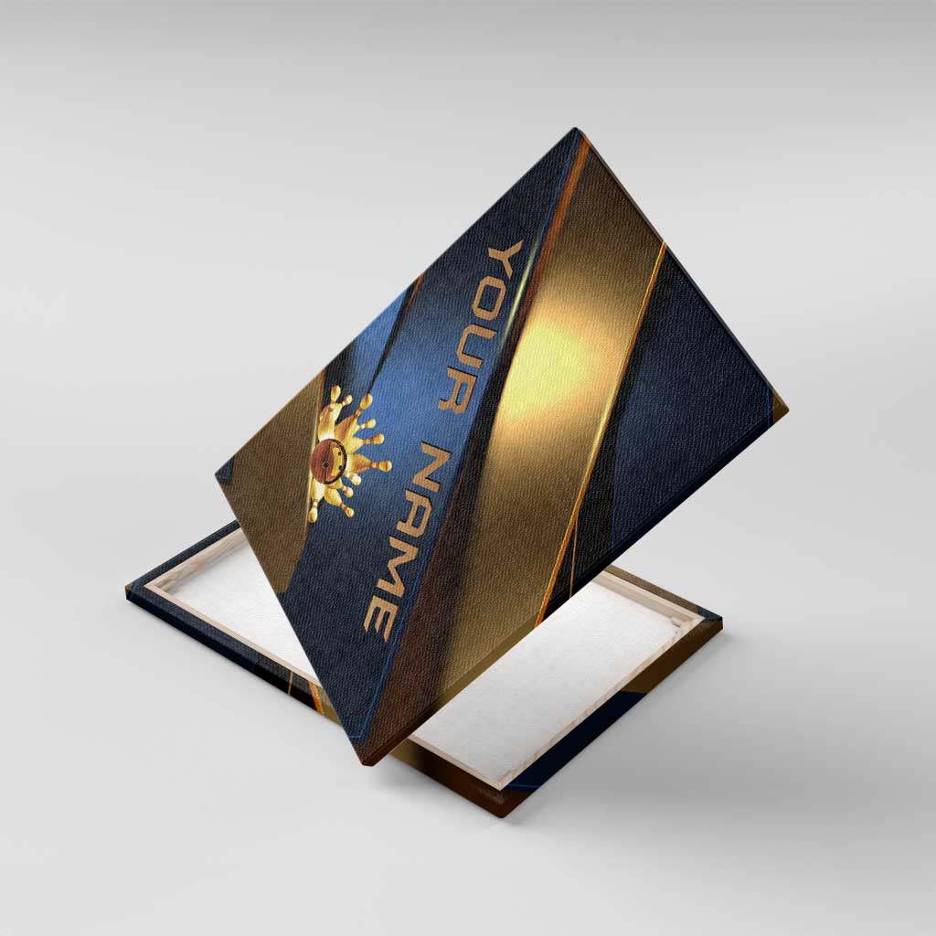 Angry Bowling Ball and Pins Canvas Wall Art with Blue and Gold Metallic Stripe Graphic Design - Wonder Print Shop