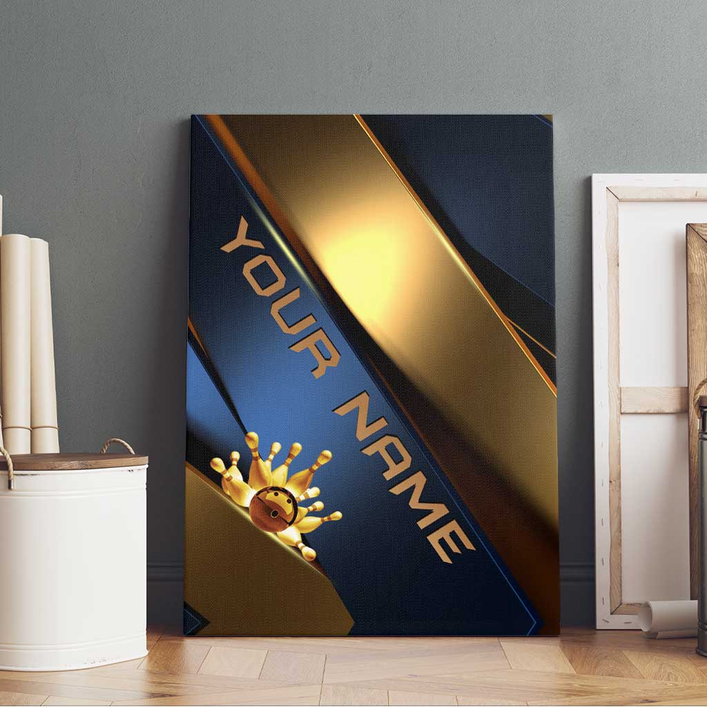 Angry Bowling Ball and Pins Canvas Wall Art with Blue and Gold Metallic Stripe Graphic Design - Wonder Print Shop
