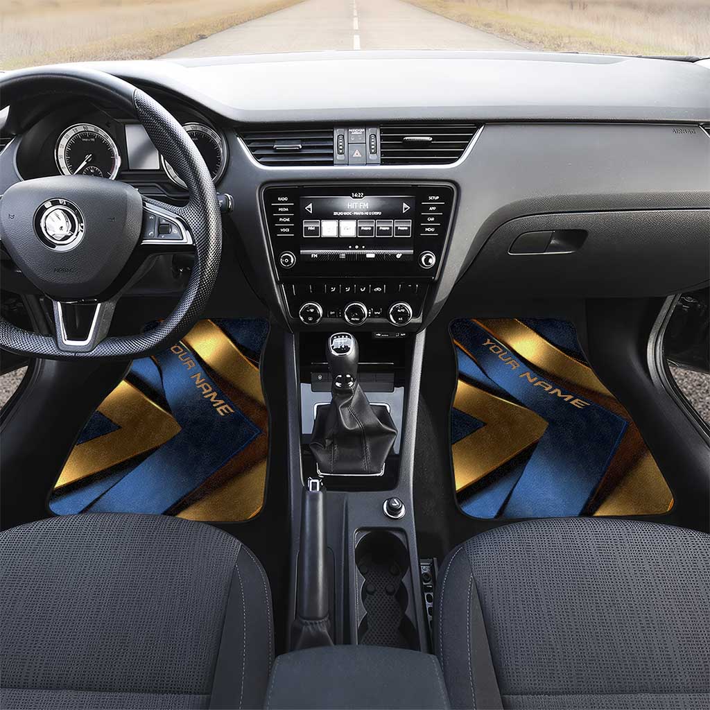 Angry Bowling Ball and Pins Car Mats with Blue and Gold Metallic Stripe Graphic Design - Wonder Print Shop