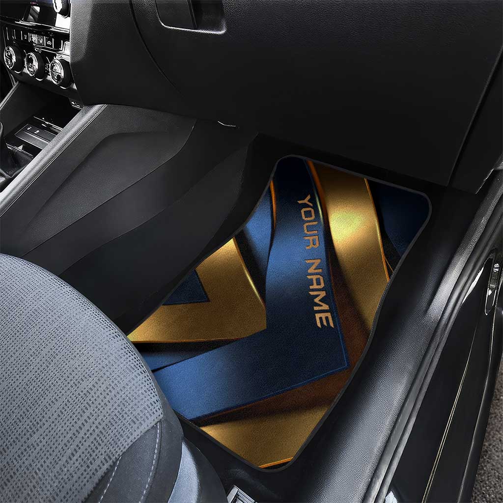 Angry Bowling Ball and Pins Car Mats with Blue and Gold Metallic Stripe Graphic Design - Wonder Print Shop