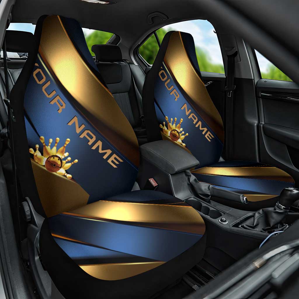 Angry Bowling Ball and Pins Car Seat Cover with Blue and Gold Metallic Stripe Graphic Design - Wonder Print Shop