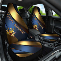 Angry Bowling Ball and Pins Car Seat Cover with Blue and Gold Metallic Stripe Graphic Design - Wonder Print Shop
