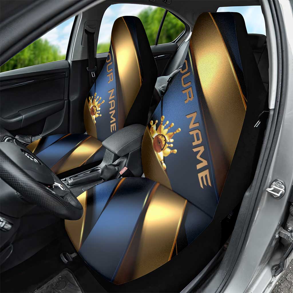 Angry Bowling Ball and Pins Car Seat Cover with Blue and Gold Metallic Stripe Graphic Design - Wonder Print Shop