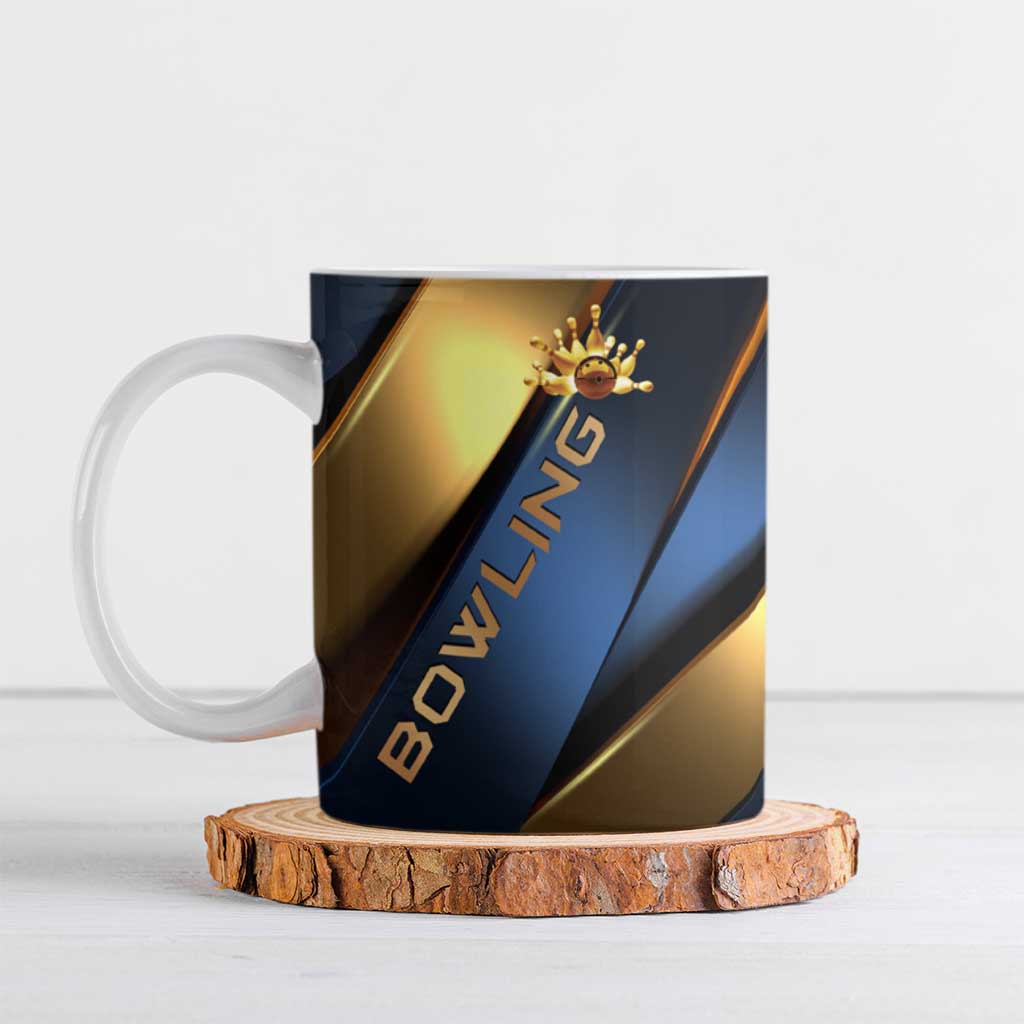 Angry Bowling Ball and Pins Ceramic Mug with Blue and Gold Metallic Stripe Graphic Design - Wonder Print Shop