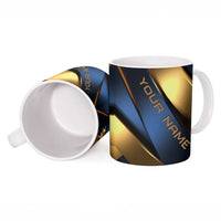 Angry Bowling Ball and Pins Ceramic Mug with Blue and Gold Metallic Stripe Graphic Design - Wonder Print Shop