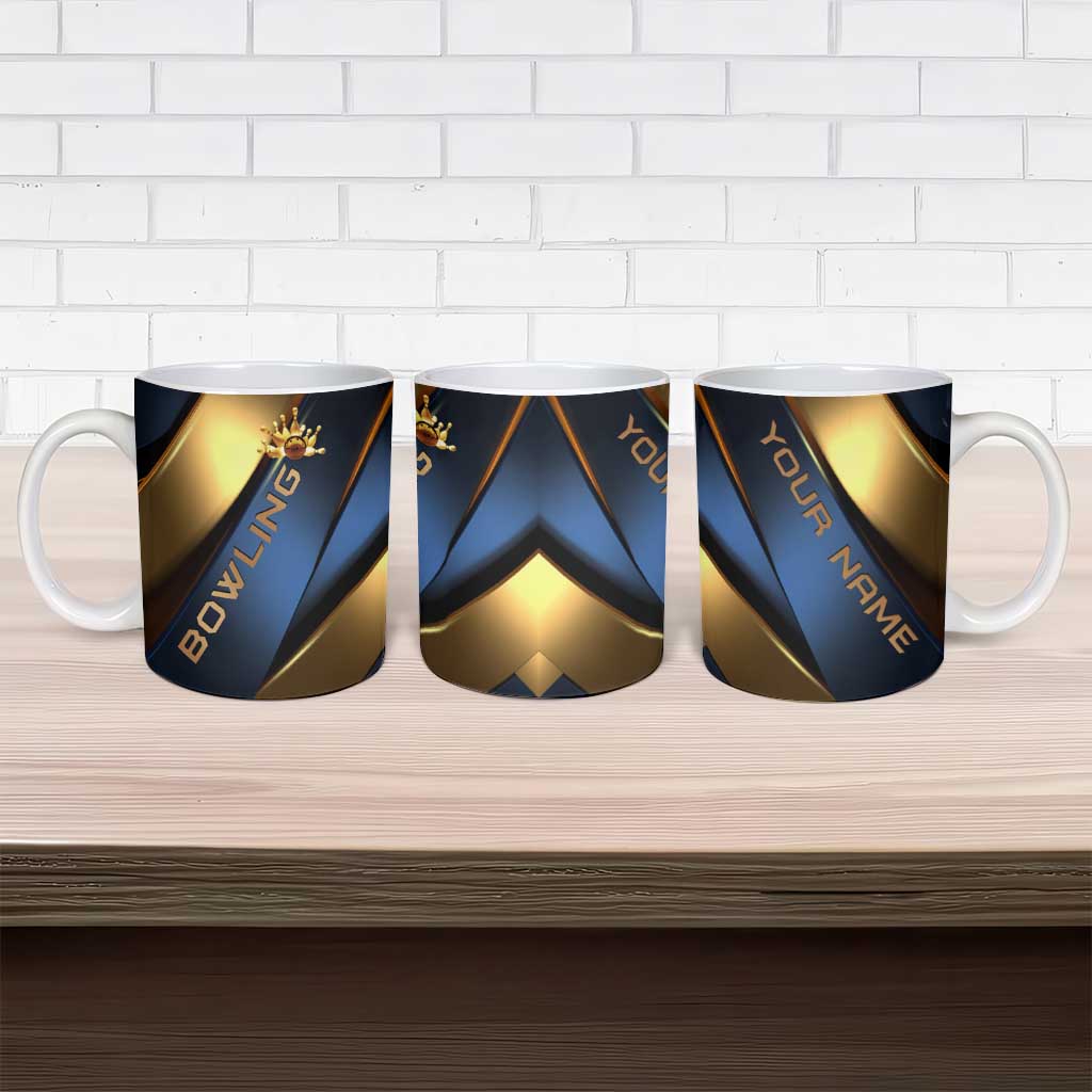Angry Bowling Ball and Pins Ceramic Mug with Blue and Gold Metallic Stripe Graphic Design - Wonder Print Shop