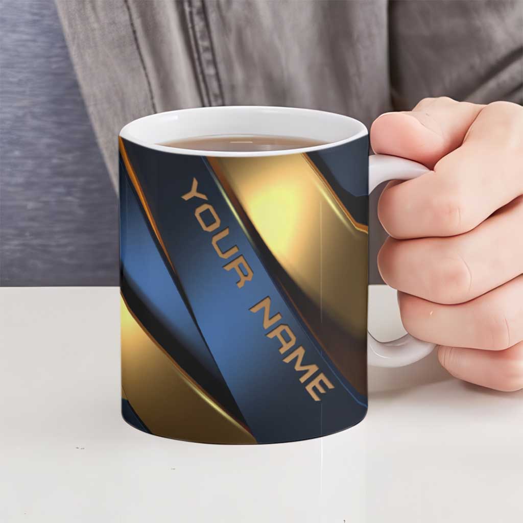 Angry Bowling Ball and Pins Ceramic Mug with Blue and Gold Metallic Stripe Graphic Design - Wonder Print Shop