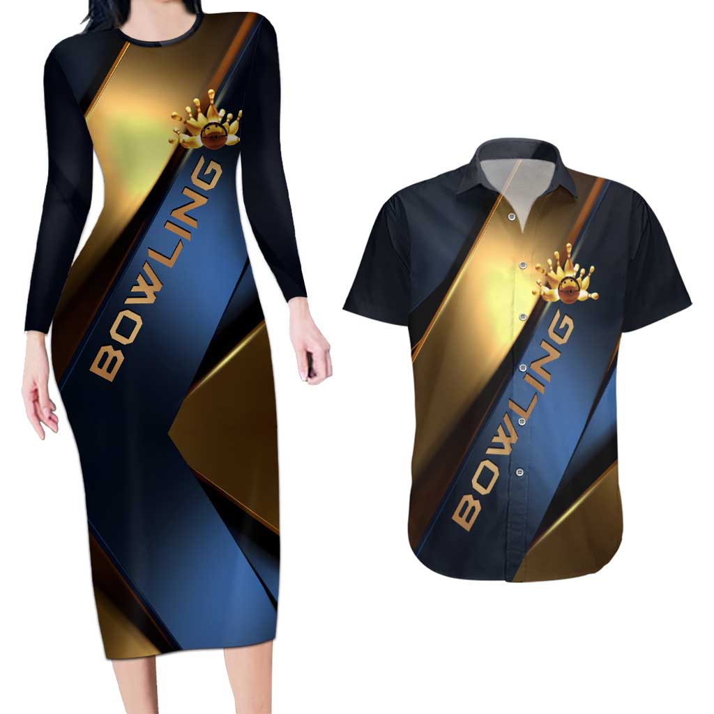 Angry Bowling Ball and Pins Couples Matching Long Sleeve Bodycon Dress and Hawaiian Shirt with Blue and Gold Metallic Stripe Graphic Design - Wonder Print Shop