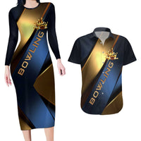 Angry Bowling Ball and Pins Couples Matching Long Sleeve Bodycon Dress and Hawaiian Shirt with Blue and Gold Metallic Stripe Graphic Design - Wonder Print Shop