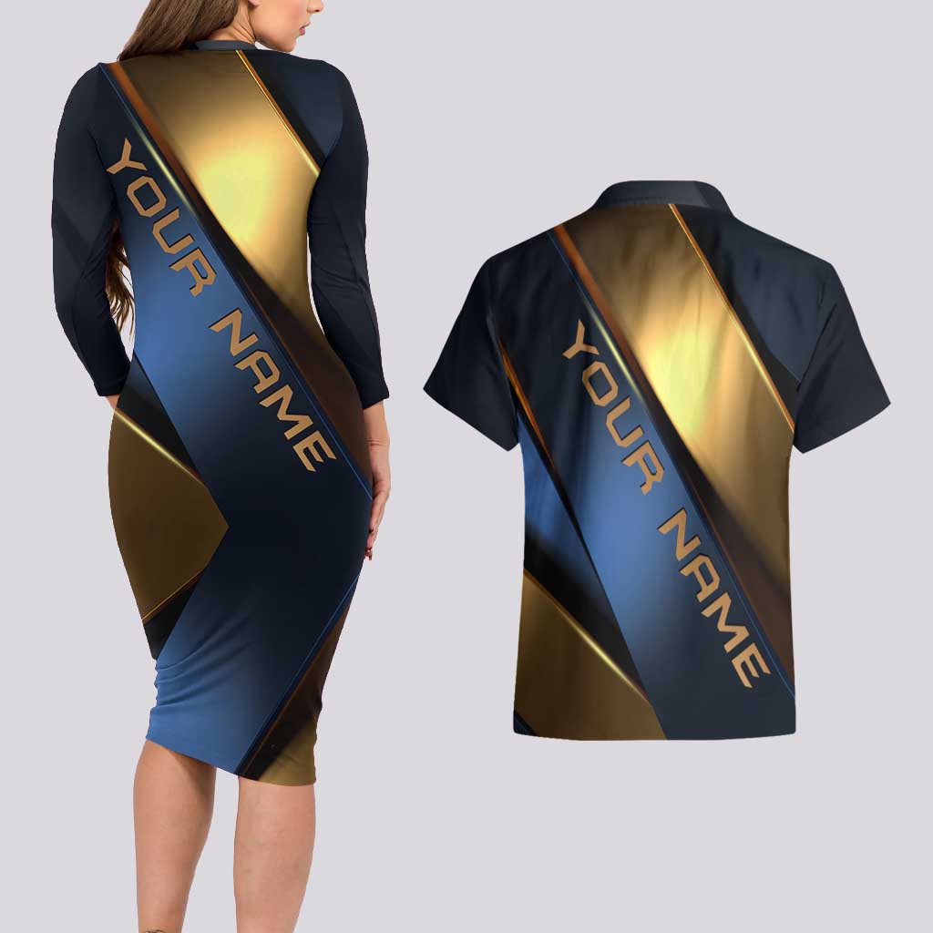Angry Bowling Ball and Pins Couples Matching Long Sleeve Bodycon Dress and Hawaiian Shirt with Blue and Gold Metallic Stripe Graphic Design - Wonder Print Shop