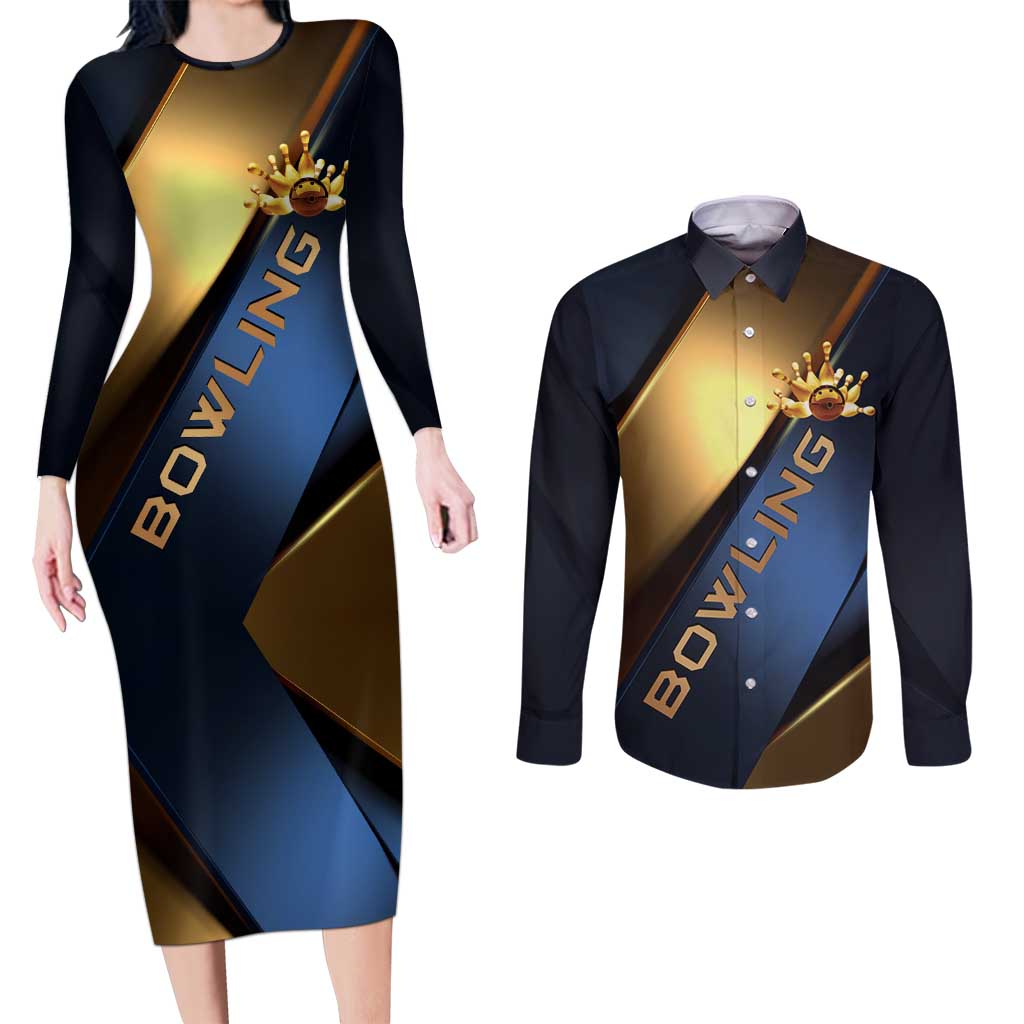 Angry Bowling Ball and Pins Couples Matching Long Sleeve Bodycon Dress and Long Sleeve Button Shirt with Blue and Gold Metallic Stripe Graphic Design - Wonder Print Shop