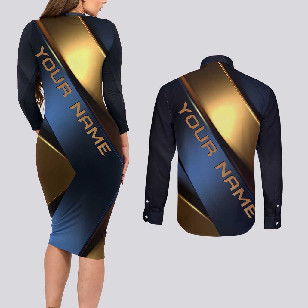Angry Bowling Ball and Pins Couples Matching Long Sleeve Bodycon Dress and Long Sleeve Button Shirt with Blue and Gold Metallic Stripe Graphic Design - Wonder Print Shop