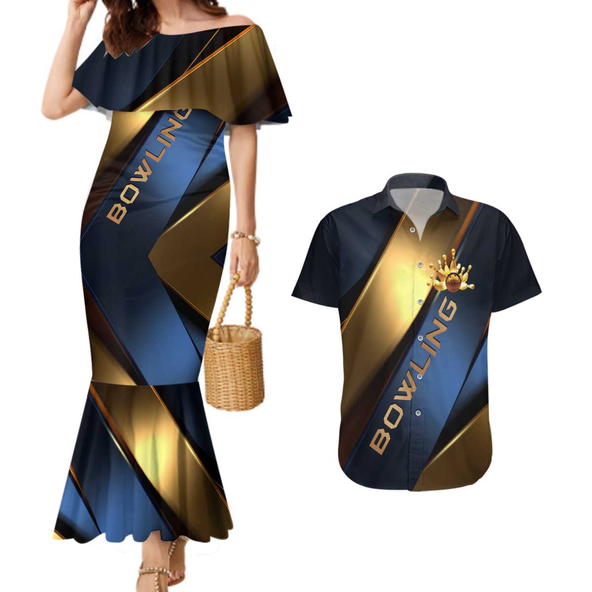 Angry Bowling Ball and Pins Couples Matching Mermaid Dress and Hawaiian Shirt with Blue and Gold Metallic Stripe Graphic Design - Wonder Print Shop