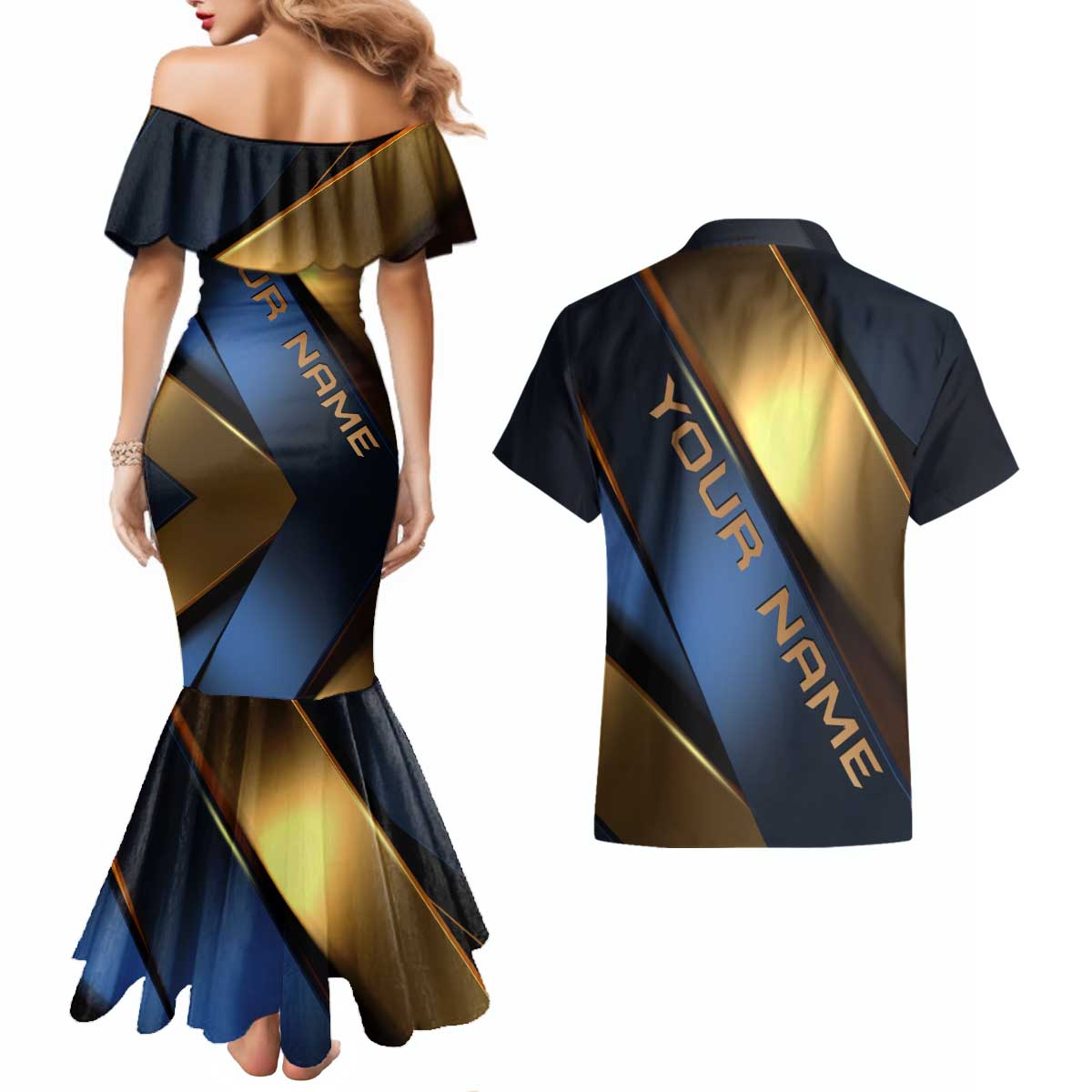 Angry Bowling Ball and Pins Couples Matching Mermaid Dress and Hawaiian Shirt with Blue and Gold Metallic Stripe Graphic Design - Wonder Print Shop