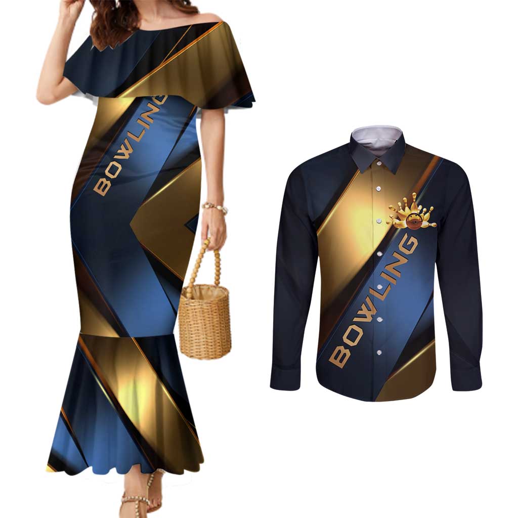 Angry Bowling Ball and Pins Couples Matching Mermaid Dress and Long Sleeve Button Shirt with Blue and Gold Metallic Stripe Graphic Design - Wonder Print Shop