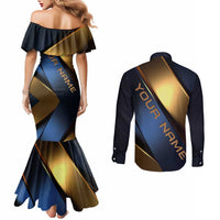 Angry Bowling Ball and Pins Couples Matching Mermaid Dress and Long Sleeve Button Shirt with Blue and Gold Metallic Stripe Graphic Design - Wonder Print Shop