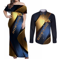 Angry Bowling Ball and Pins Couples Matching Off Shoulder Maxi Dress and Long Sleeve Button Shirt with Blue and Gold Metallic Stripe Graphic Design - Wonder Print Shop