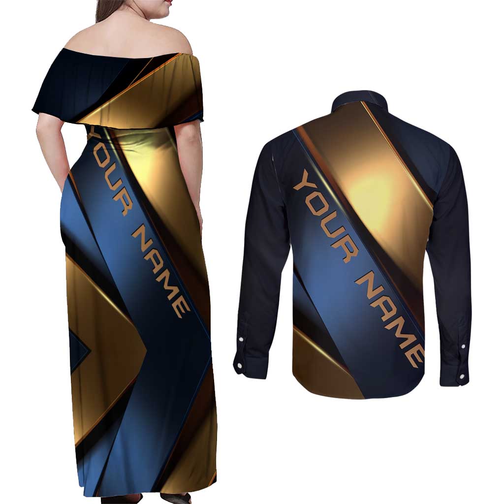 Angry Bowling Ball and Pins Couples Matching Off Shoulder Maxi Dress and Long Sleeve Button Shirt with Blue and Gold Metallic Stripe Graphic Design - Wonder Print Shop