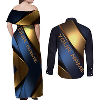 Angry Bowling Ball and Pins Couples Matching Off Shoulder Maxi Dress and Long Sleeve Button Shirt with Blue and Gold Metallic Stripe Graphic Design - Wonder Print Shop