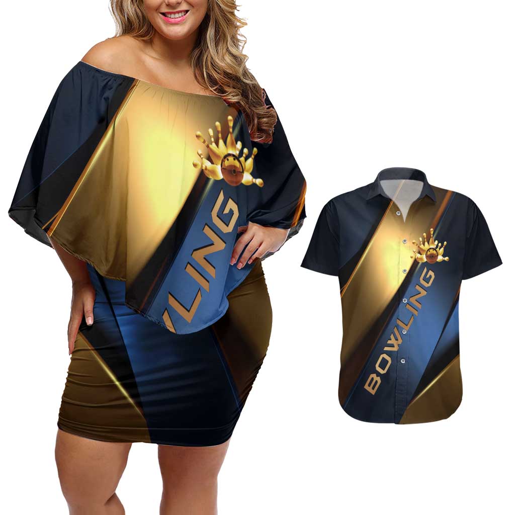 Angry Bowling Ball and Pins Couples Matching Off Shoulder Short Dress and Hawaiian Shirt with Blue and Gold Metallic Stripe Graphic Design - Wonder Print Shop
