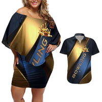 Angry Bowling Ball and Pins Couples Matching Off Shoulder Short Dress and Hawaiian Shirt with Blue and Gold Metallic Stripe Graphic Design - Wonder Print Shop