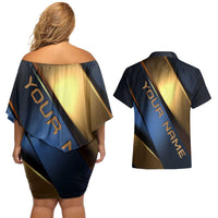 Angry Bowling Ball and Pins Couples Matching Off Shoulder Short Dress and Hawaiian Shirt with Blue and Gold Metallic Stripe Graphic Design - Wonder Print Shop