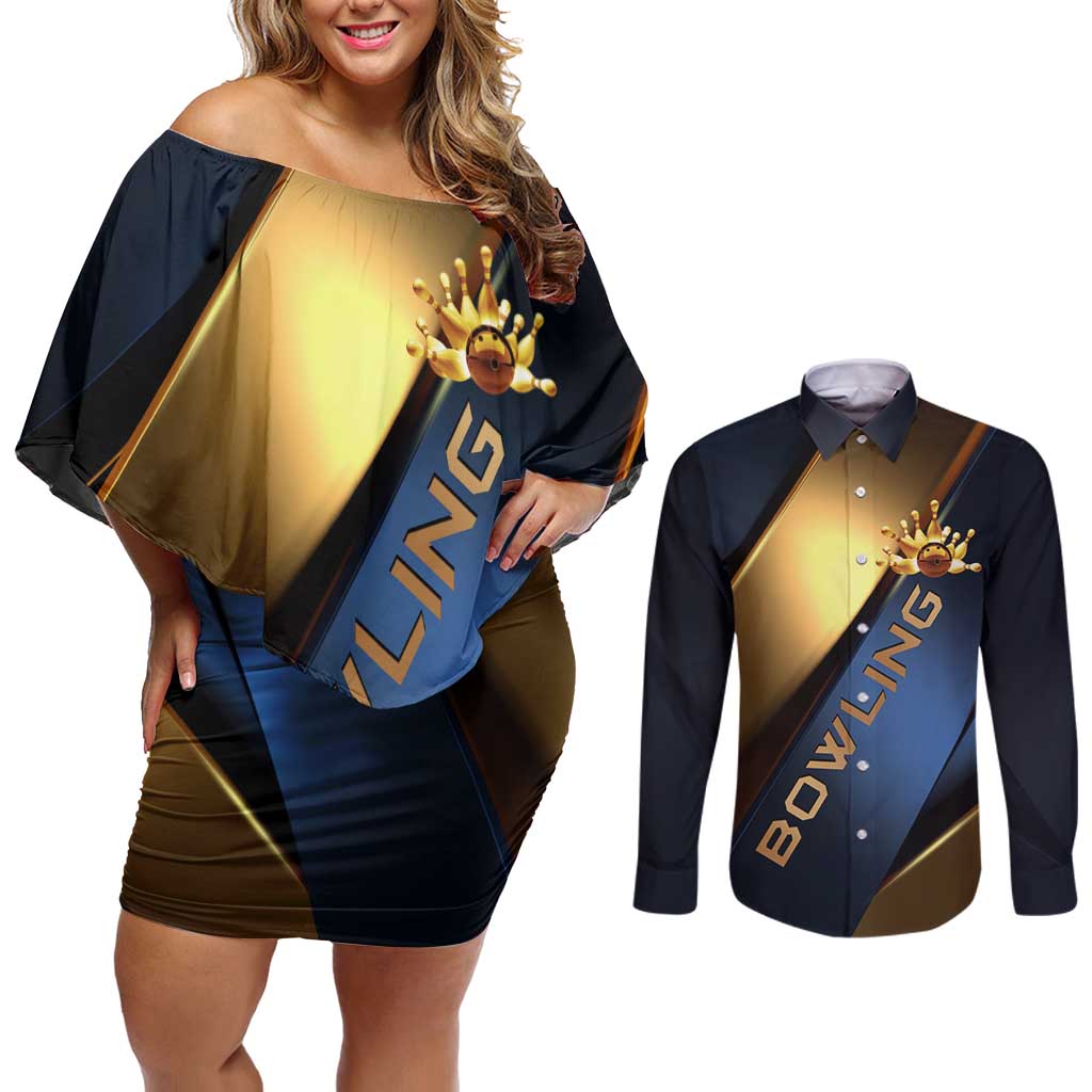 Angry Bowling Ball and Pins Couples Matching Off Shoulder Short Dress and Long Sleeve Button Shirt with Blue and Gold Metallic Stripe Graphic Design - Wonder Print Shop