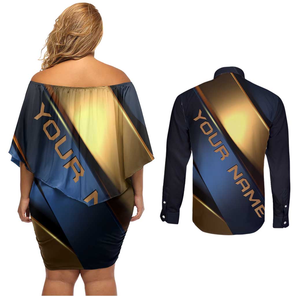 Angry Bowling Ball and Pins Couples Matching Off Shoulder Short Dress and Long Sleeve Button Shirt with Blue and Gold Metallic Stripe Graphic Design - Wonder Print Shop