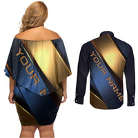 Angry Bowling Ball and Pins Couples Matching Off Shoulder Short Dress and Long Sleeve Button Shirt with Blue and Gold Metallic Stripe Graphic Design - Wonder Print Shop