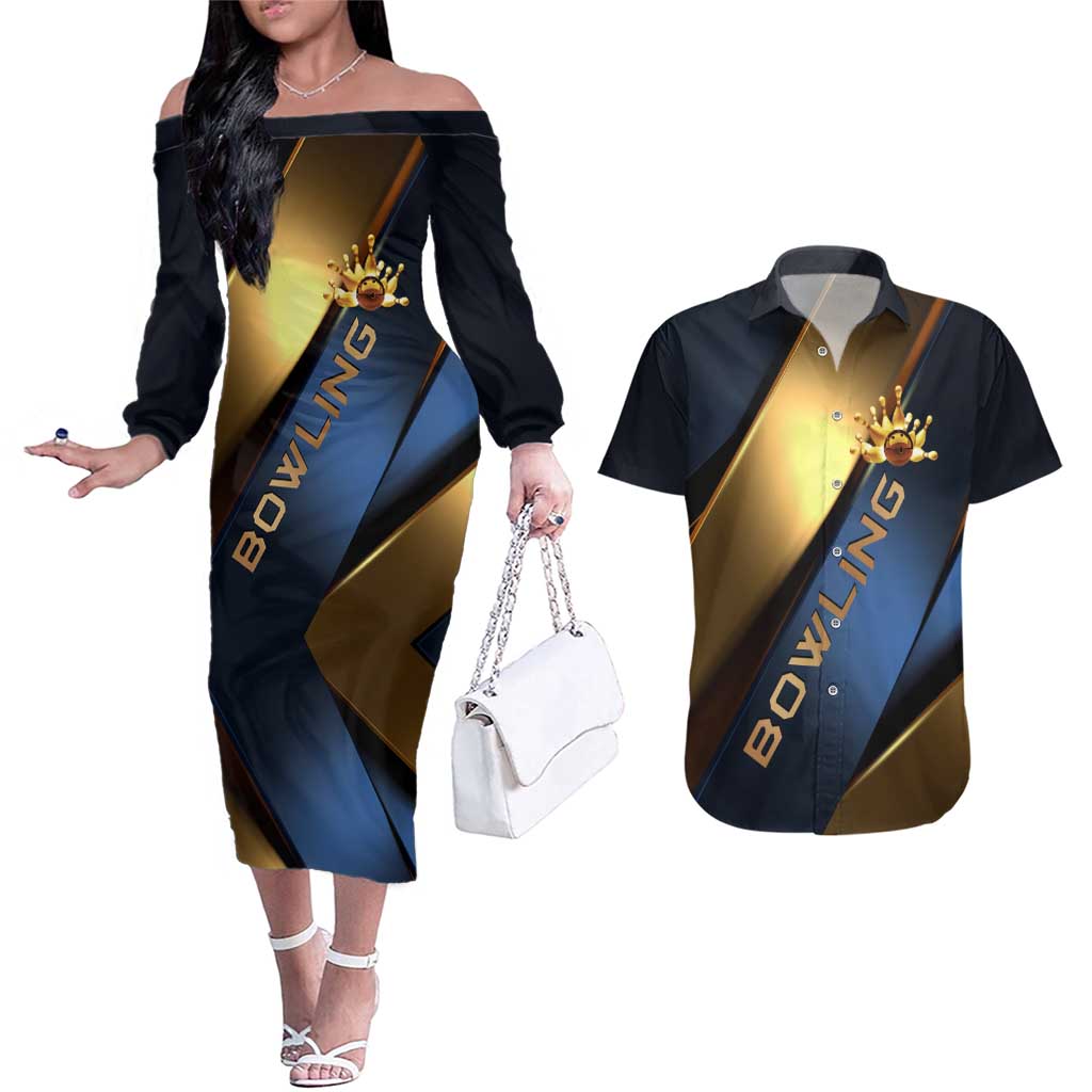 Angry Bowling Ball and Pins Couples Matching Off The Shoulder Long Sleeve Dress and Hawaiian Shirt with Blue and Gold Metallic Stripe Graphic Design - Wonder Print Shop
