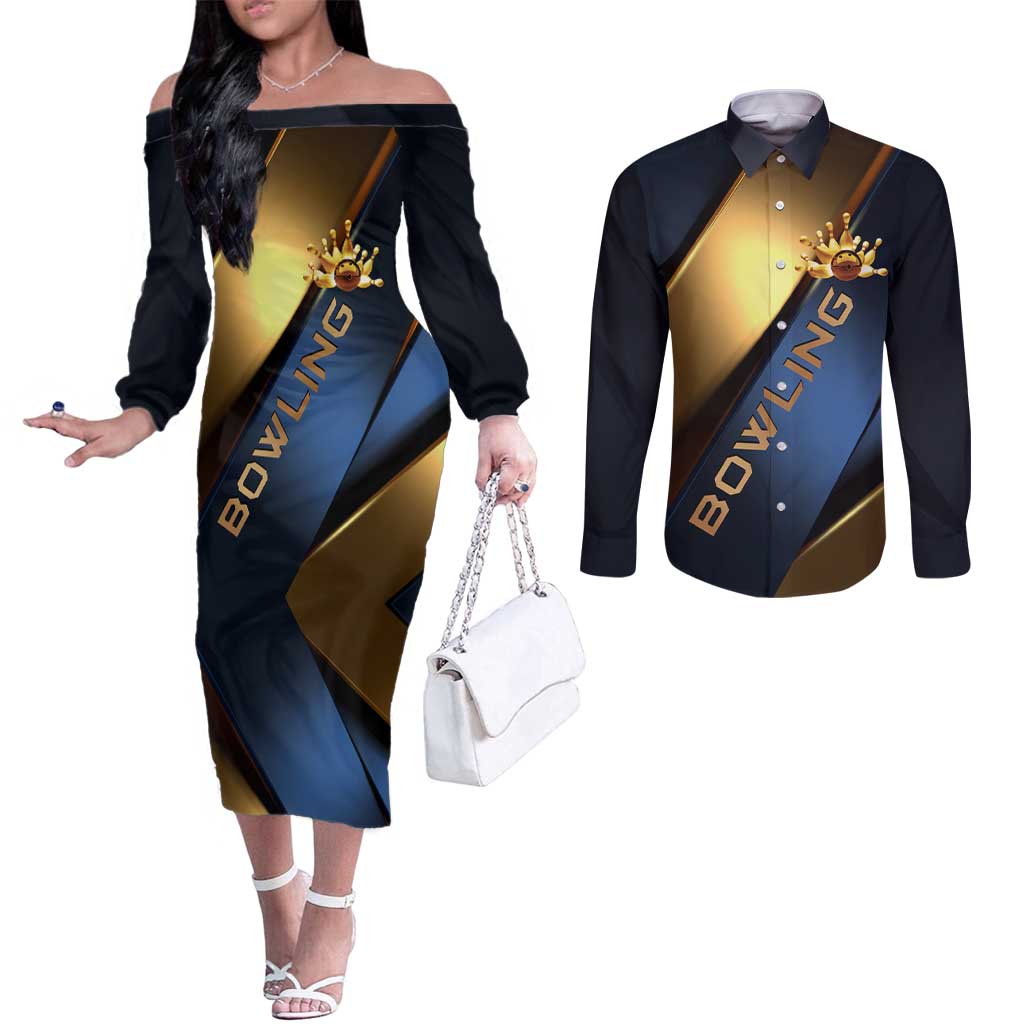 Angry Bowling Ball and Pins Couples Matching Off The Shoulder Long Sleeve Dress and Long Sleeve Button Shirt with Blue and Gold Metallic Stripe Graphic Design - Wonder Print Shop