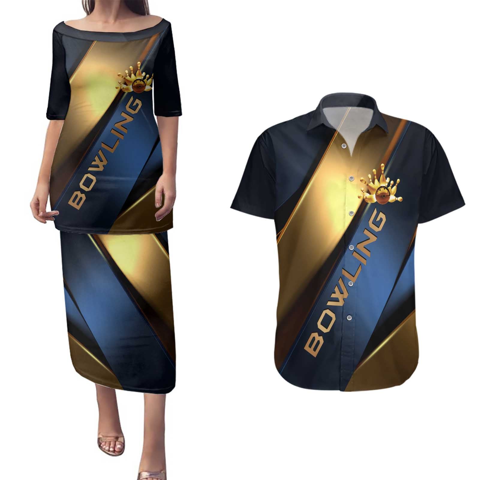 Angry Bowling Ball and Pins Couples Matching Puletasi and Hawaiian Shirt with Blue and Gold Metallic Stripe Graphic Design - Wonder Print Shop