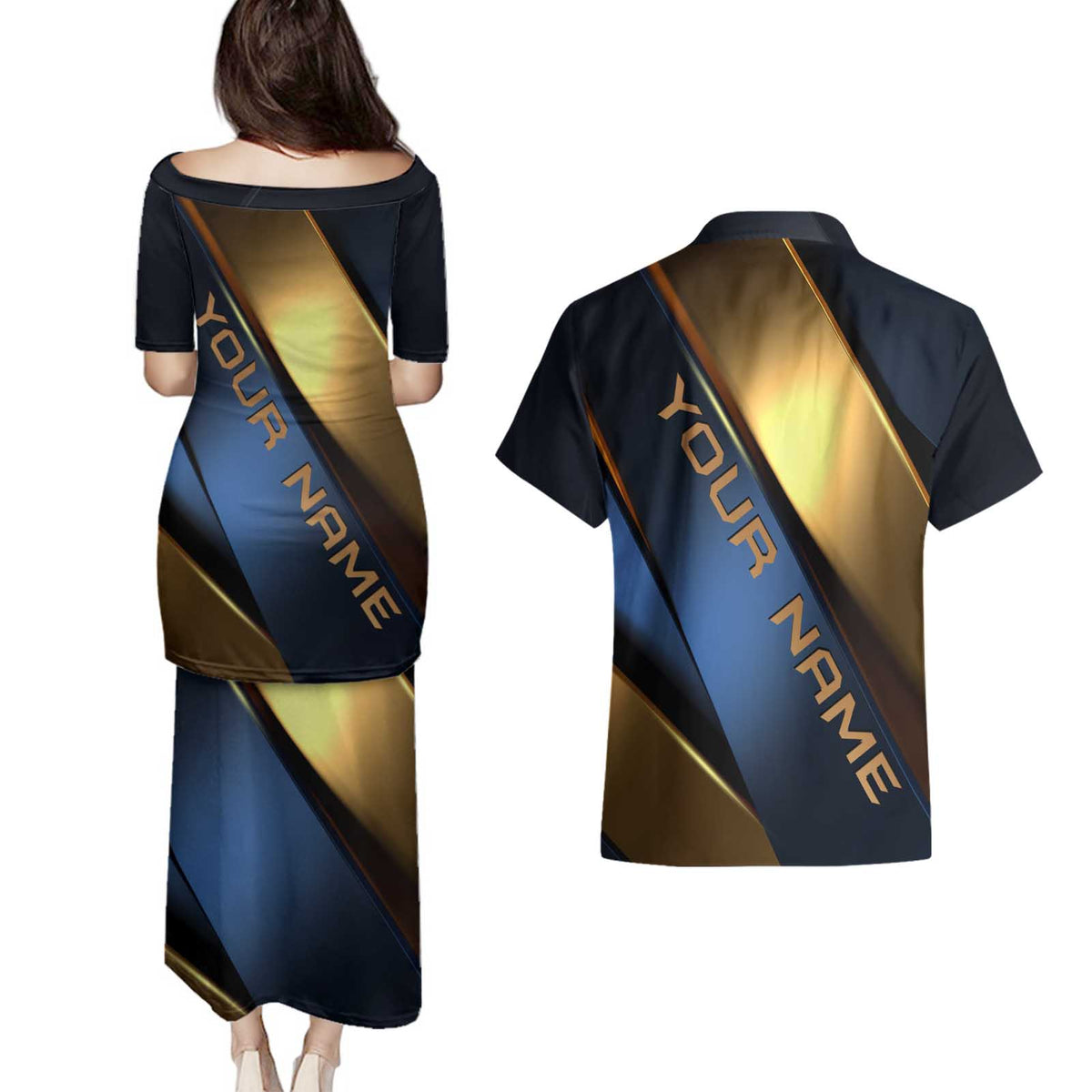 Angry Bowling Ball and Pins Couples Matching Puletasi and Hawaiian Shirt with Blue and Gold Metallic Stripe Graphic Design - Wonder Print Shop