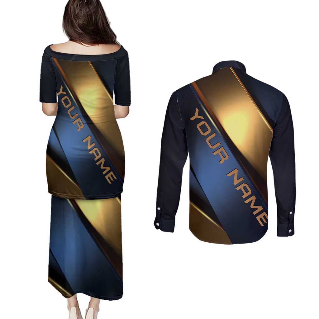 Angry Bowling Ball and Pins Couples Matching Puletasi and Long Sleeve Button Shirt with Blue and Gold Metallic Stripe Graphic Design - Wonder Print Shop