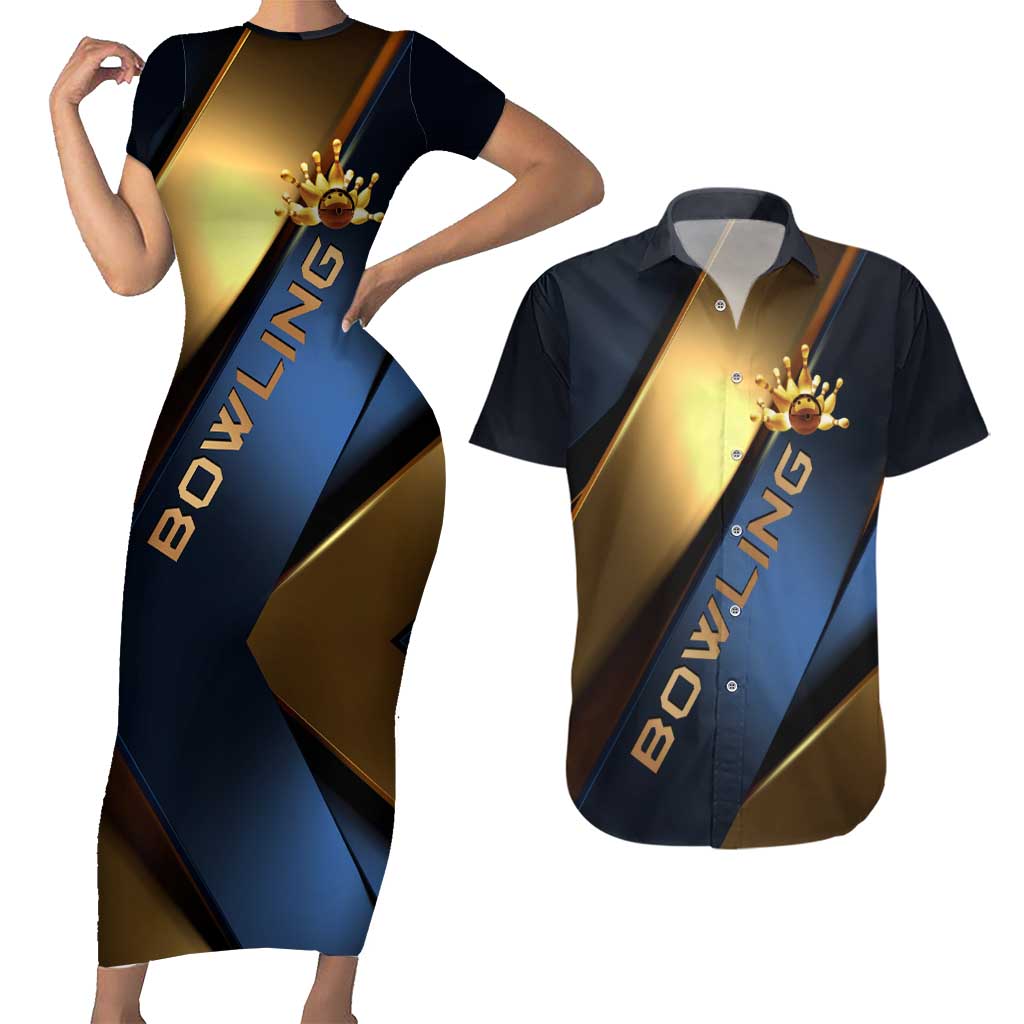 Angry Bowling Ball and Pins Couples Matching Short Sleeve Bodycon Dress and Hawaiian Shirt with Blue and Gold Metallic Stripe Graphic Design - Wonder Print Shop